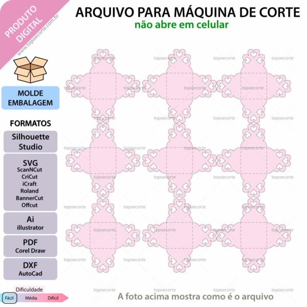 Molde de caixa Forminha de docinho coração arquivo para Silhouette Studio, SVG, DXF, Cricut, Scanncut, Foison
