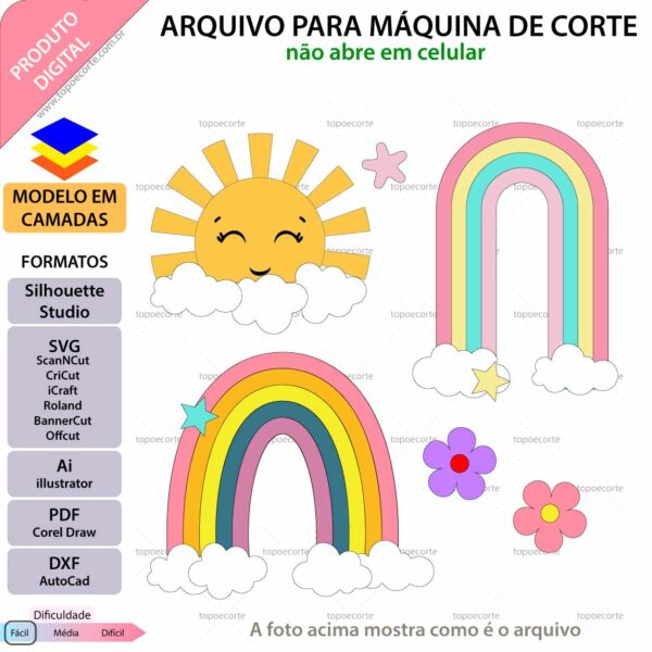 Topo de bolo Solzinho arco-íris Arquivo Silhouette, Arquivo ScanNCut, Arquivo SVG, DXF, Ai, Eps, PDF