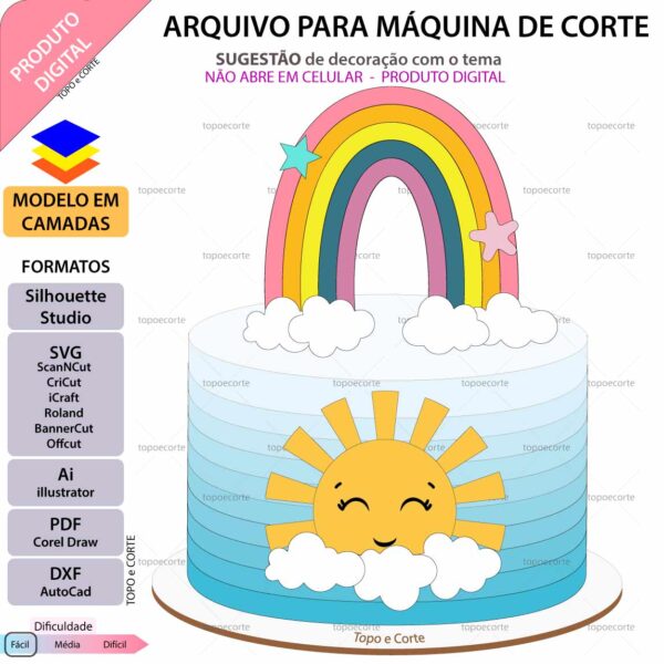 Topo de bolo Solzinho arco-íris Arquivo Silhouette, Arquivo ScanNCut, Arquivo SVG, DXF, Ai, Eps, PDF