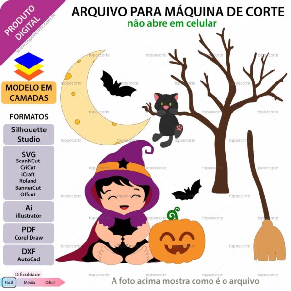 Topo de bolo Halloween Bruxinha bebê Arquivo Silhouette, Arquivo ScanNCut, Arquivo SVG, DXF, Ai, Eps, PDF