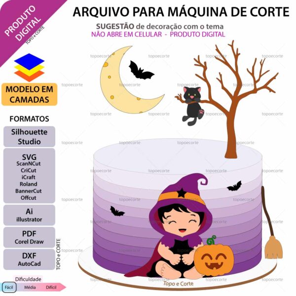 Topo de bolo Halloween Bruxinha bebê Arquivo Silhouette, Arquivo ScanNCut, Arquivo SVG, DXF, Ai, Eps, PDF