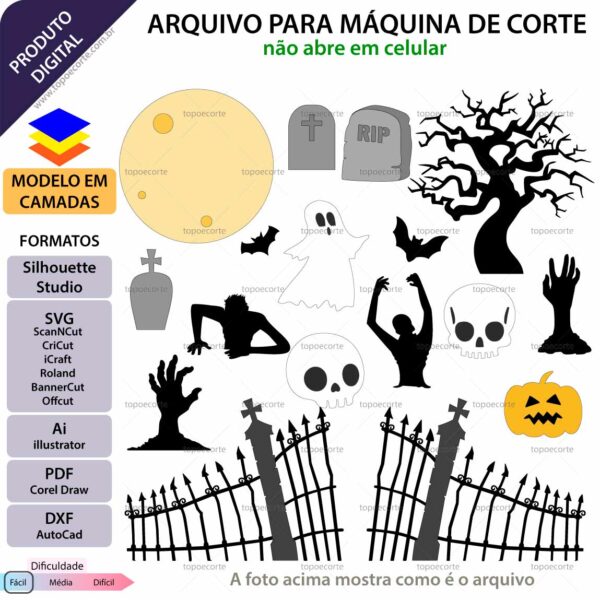 Topo de bolo Halloween cemitério Arquivo Silhouette, Arquivo ScanNCut, Arquivo SVG, DXF, Ai, Eps, PDF