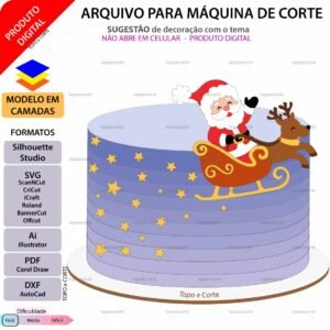 Topo de bolo Natal - Noel no trenó Arquivo Silhouette, Arquivo ScanNCut, Arquivo SVG, DXF, Ai, Eps, PDF