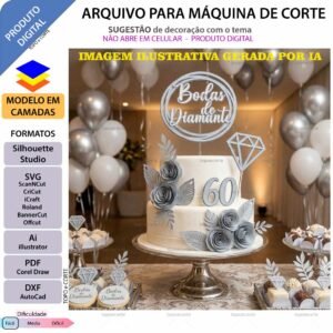 Topo de bolo Bodas de diamante Arquivo Silhouette, Arquivo ScanNCut, Arquivo SVG, DXF, Ai, Eps, PDF