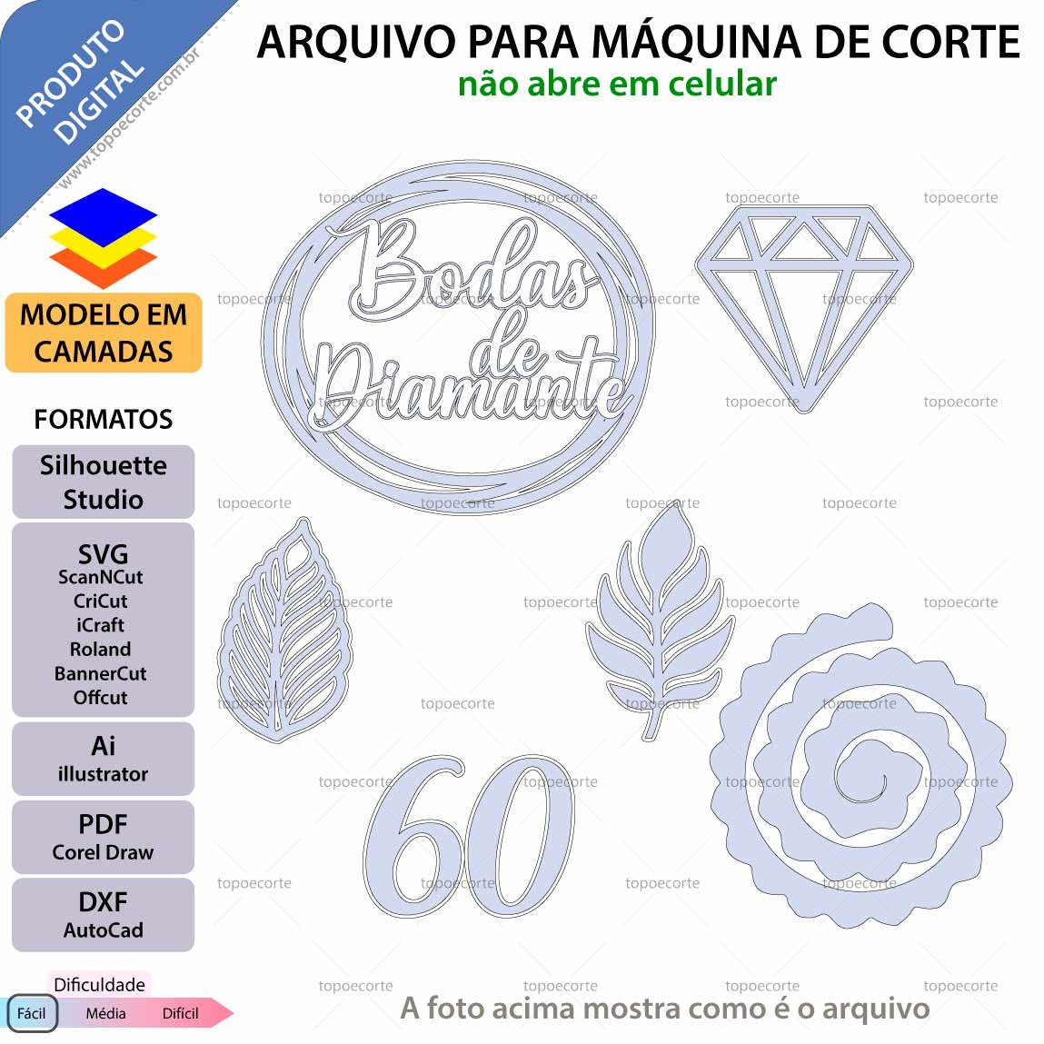 Topo de bolo Bodas de diamante Arquivo Silhouette, Arquivo ScanNCut, Arquivo SVG, DXF, Ai, Eps, PDF