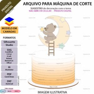 Topo de bolo Ursinho na lua estrelinha Arquivo Silhouette, Arquivo ScanNCut, Arquivo SVG, DXF, Ai, Eps, PDF
