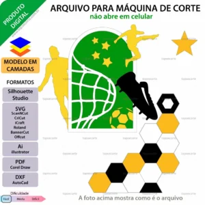 Arquivo Digital Topo de Bolo Futebol: kit para corte Silhouette e Cricut. Tema jogadores, arco e hexágonos 3D. Perfeito para festas e papelaria personalizada.