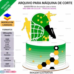 Arquivo Digital Topo de Bolo Futebol: kit para corte Silhouette e Cricut. Tema jogadores, arco e hexágonos 3D. Perfeito para festas e papelaria personalizada.