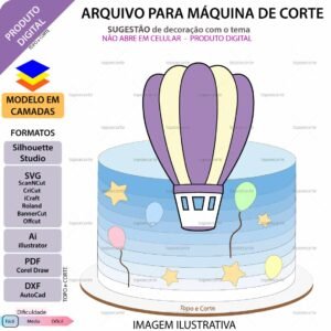 Topo de bolo Balão de ar quente Arquivo Silhouette, Arquivo ScanNCut, Arquivo SVG, DXF, Ai, Eps, PDF