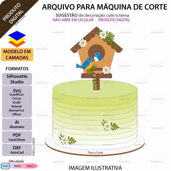 Topo de bolo em camadas Casinha com passarinhos Arquivo para Silhouette Studio, ScanNCut, SVG, DXF, Ai, e PDF