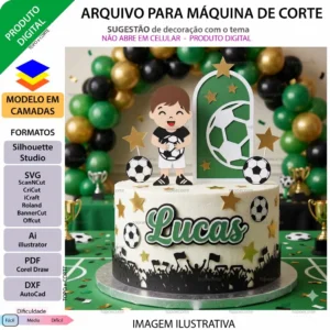 Topo de bolo em camadas Futebol menino segurando bola Arquivo para Silhouette Studio, ScanNCut, SVG, DXF, Ai, e PDF