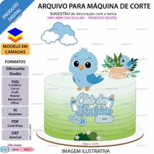 ARQUIVO Silhouette Studio para decoração de topo de bolo Chá de Fraldas Passarinho e decoração de festas. Arquivo Scanncut, SVG, EPS, PDF e DXF.