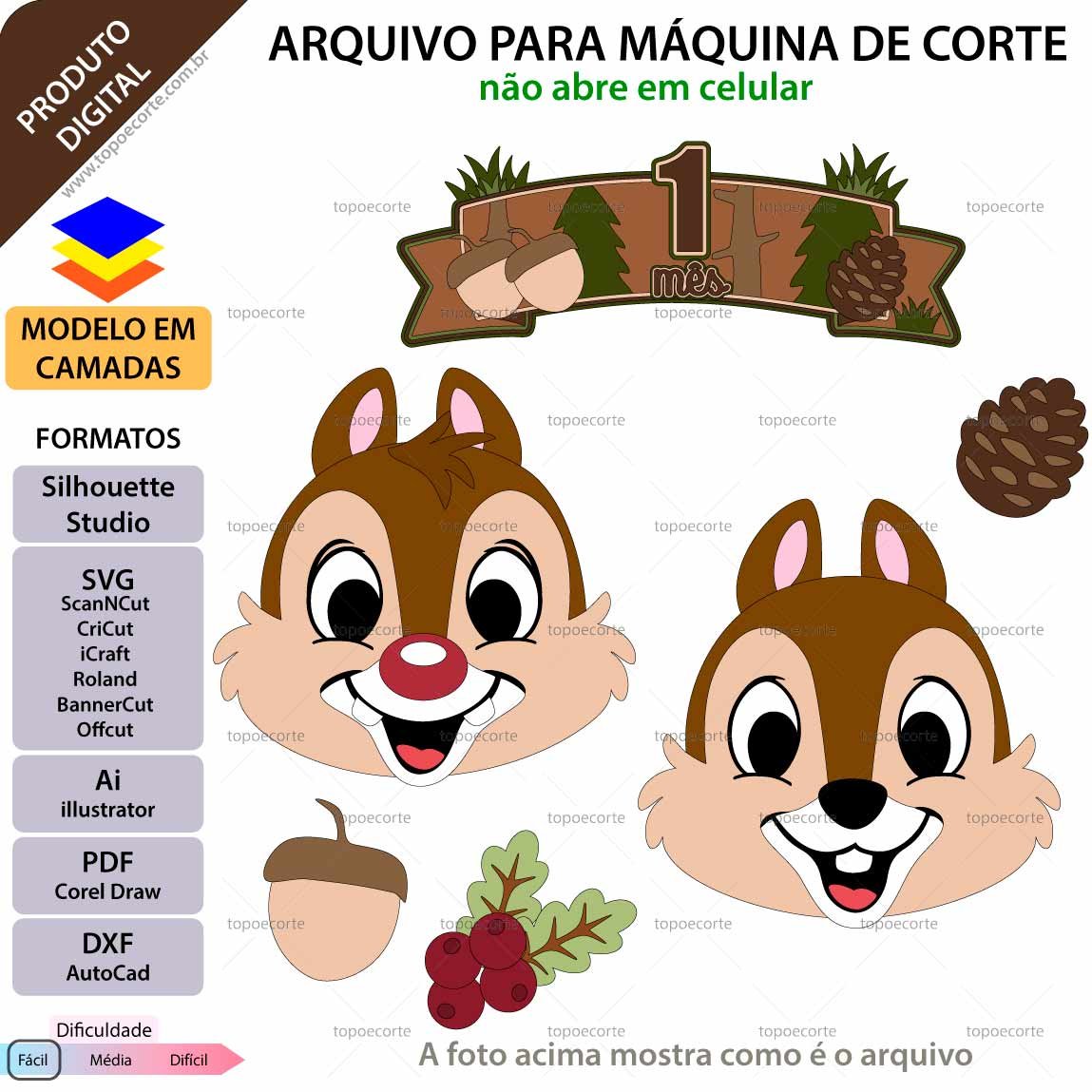 Topo de bolo em camadas Esquilos Rosto Arquivo para Silhouette Studio, ScanNCut, SVG, DXF, Ai, e PDF