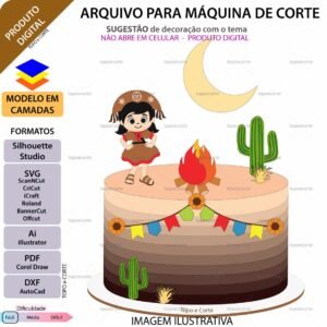 Topo de bolo em camadas Festa Junina Maria Bonita Menina Arquivo para Silhouette Studio, ScanNCut, SVG, DXF, Ai, e PDF