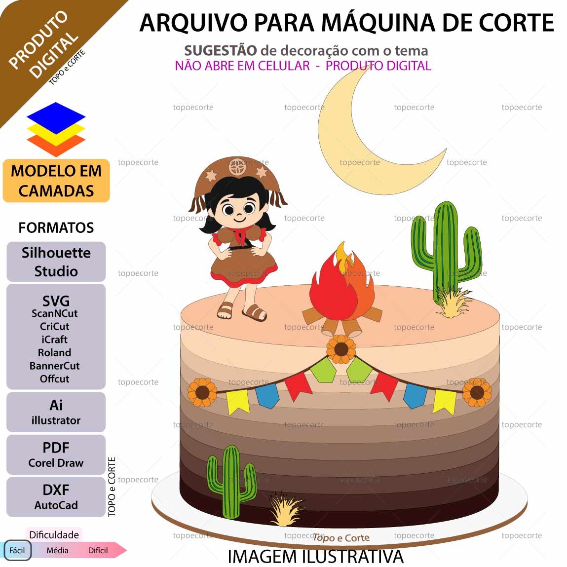 Topo de bolo em camadas Festa Junina Maria Bonita Menina Arquivo para Silhouette Studio, ScanNCut, SVG, DXF, Ai, e PDF