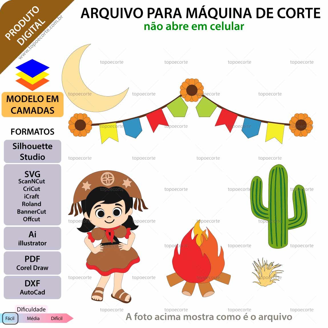 Topo de bolo em camadas Festa Junina Maria Bonita Menina Arquivo para Silhouette Studio, ScanNCut, SVG, DXF, Ai, e PDF