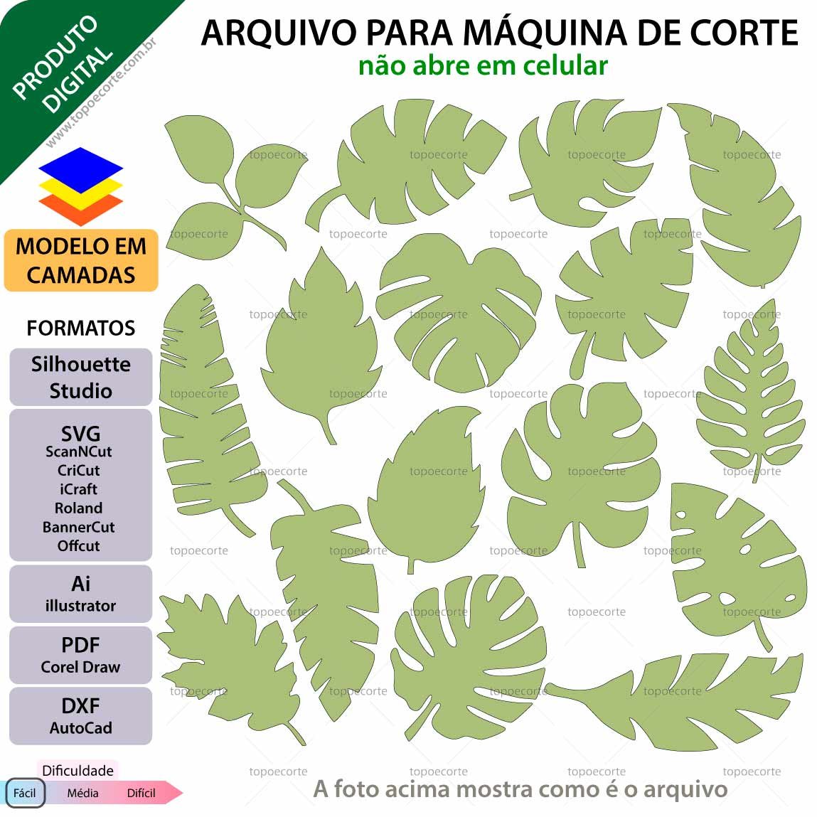 Topo de bolo em camadas Folhas grandes Arquivo para Silhouette Studio, ScanNCut, SVG, DXF, Ai, e PDF