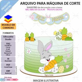Topo de bolo em camadas Páscoa Coelhinho com cenoura Arquivo para Silhouette Studio, ScanNCut, SVG, DXF, Ai, e PDF