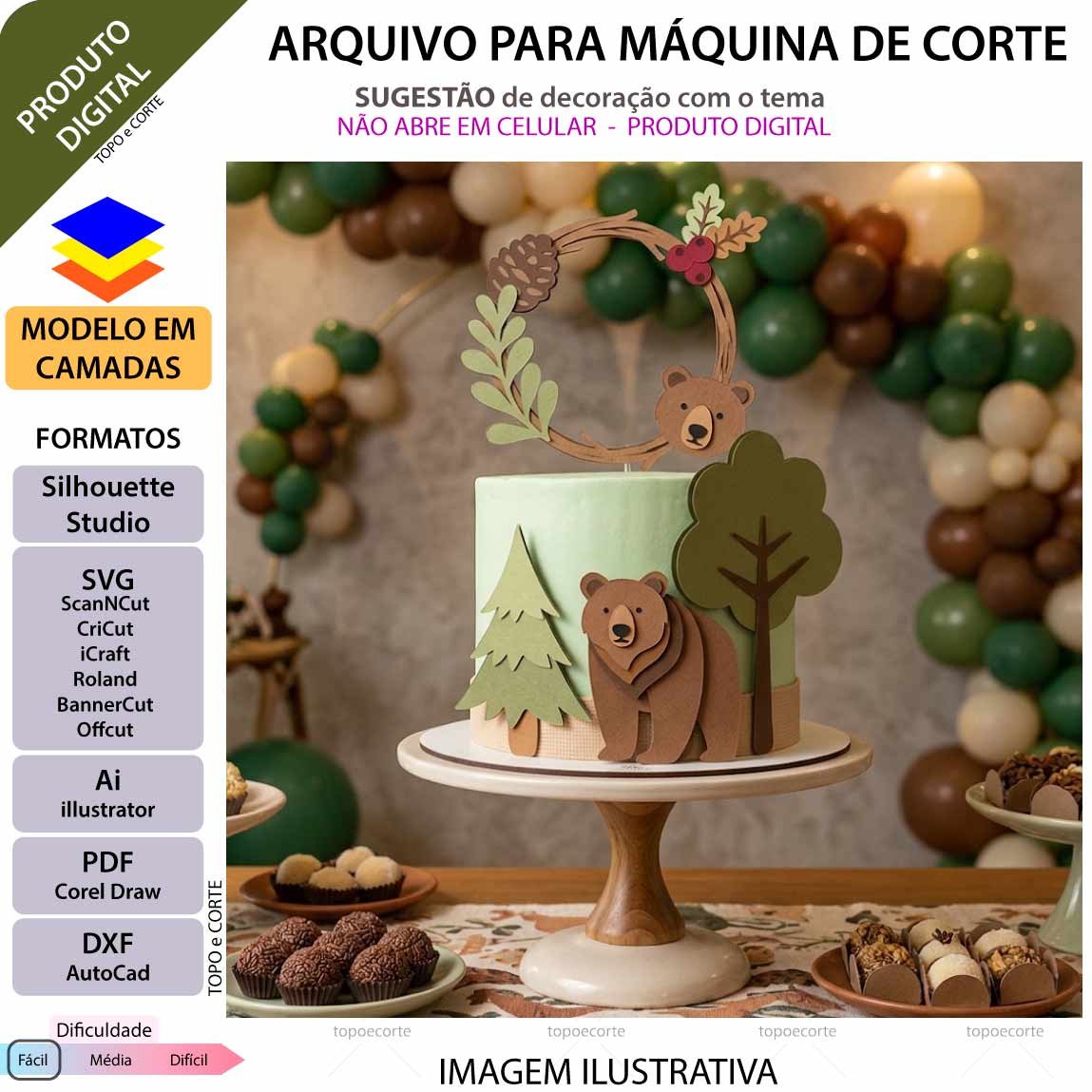 Topo de bolo em camadas Urso na floresta Arquivo para Silhouette Studio, ScanNCut, SVG, DXF, Ai, e PDF