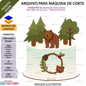 Topo de bolo em camadas Urso na floresta Arquivo para Silhouette Studio, ScanNCut, SVG, DXF, Ai, e PDF