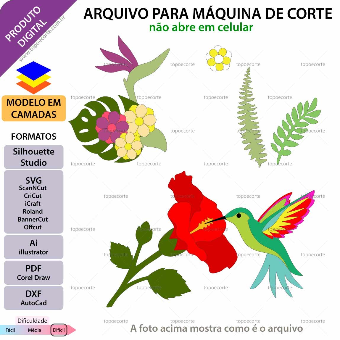 Topo de bolo Beija-flor no hibisco arquivo silhouette studio