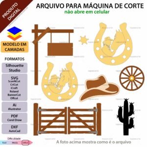 Arquivo de corte topo de bolo tema country e fazendinha com ferradura cowboy chapéu e porteira svg studio