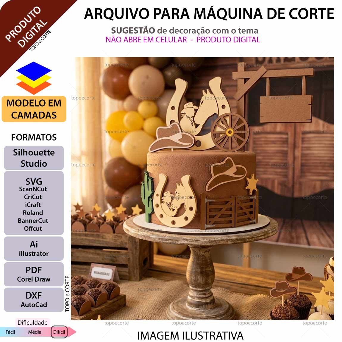 Arquivo de corte topo de bolo tema country e fazendinha com ferradura cowboy chapéu e porteira svg studio