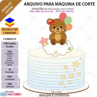 Topo de bolo em camadas Ursinha na Nuvem Arquivo para Silhouette Studio, ScanNCut, SVG, DXF, Ai, e PDF