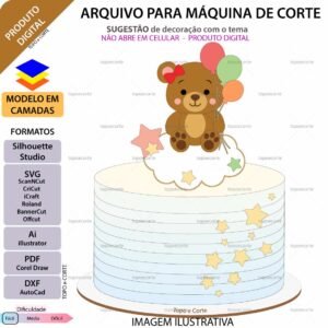 Topo de bolo em camadas Ursinha na Nuvem Arquivo para Silhouette Studio, ScanNCut, SVG, DXF, Ai, e PDF