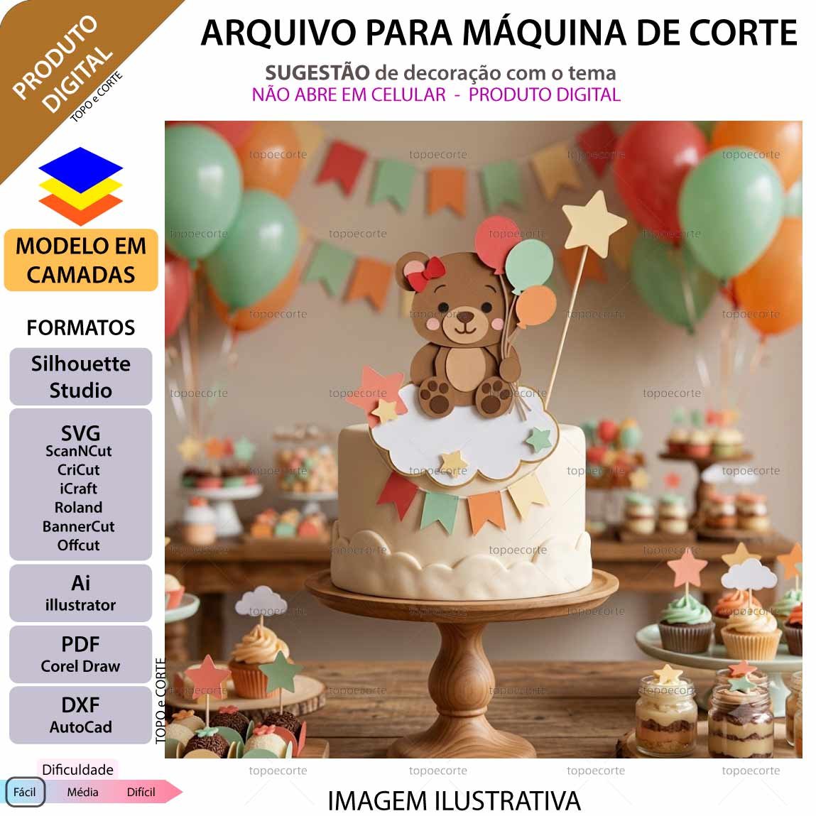Topo de bolo em camadas Ursinha na Nuvem Arquivo para Silhouette Studio, ScanNCut, SVG, DXF, Ai, e PDF