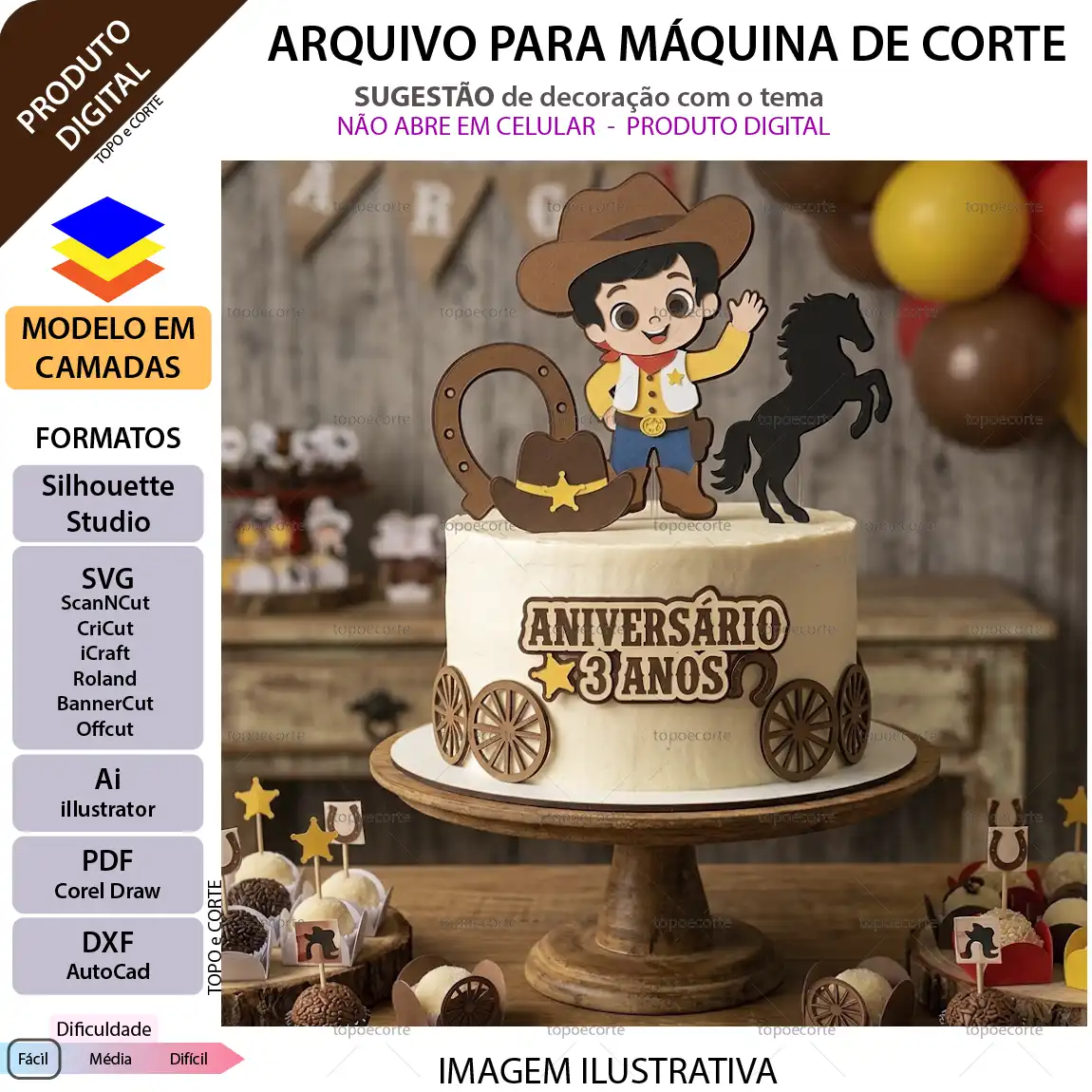 ARQUIVO Para Silhouette Studio para decoração de topo de bolo Cowboy Menino e decoração de festas.