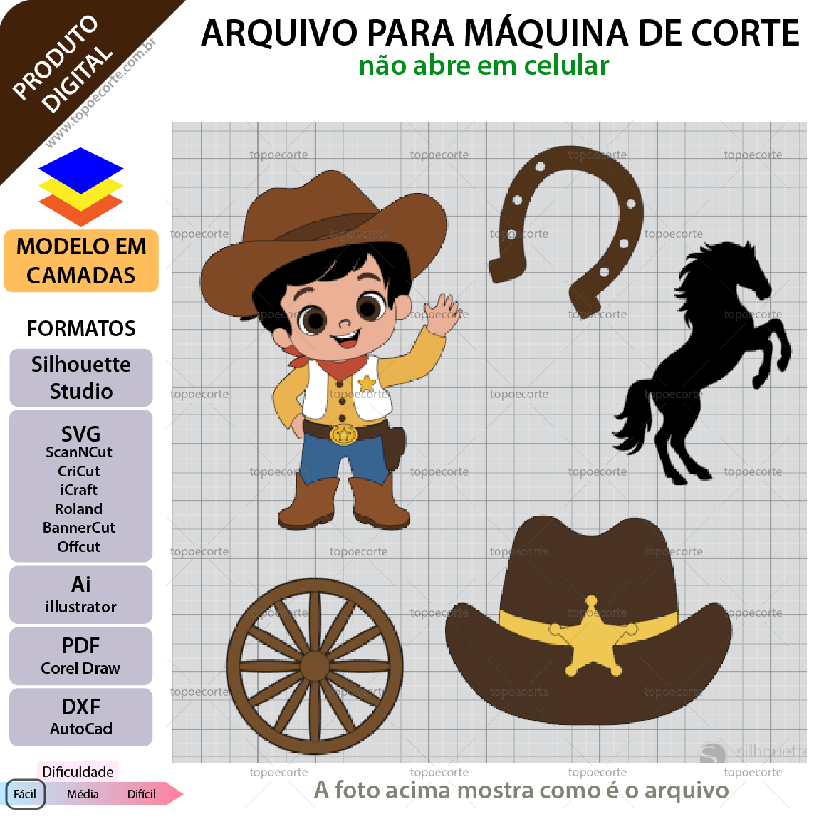 ARQUIVO Para Silhouette Studio para decoração de topo de bolo Cowboy Menino e decoração de festas.