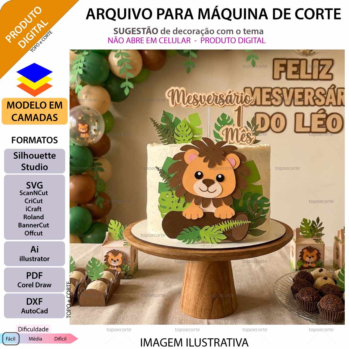 ARQUIVO Silhouette Studio para decoração de topo de bolo Leaozinho no tronco e decoração de festas. Arquivo Scanncut, SVG, EPS, PDF e DXF.