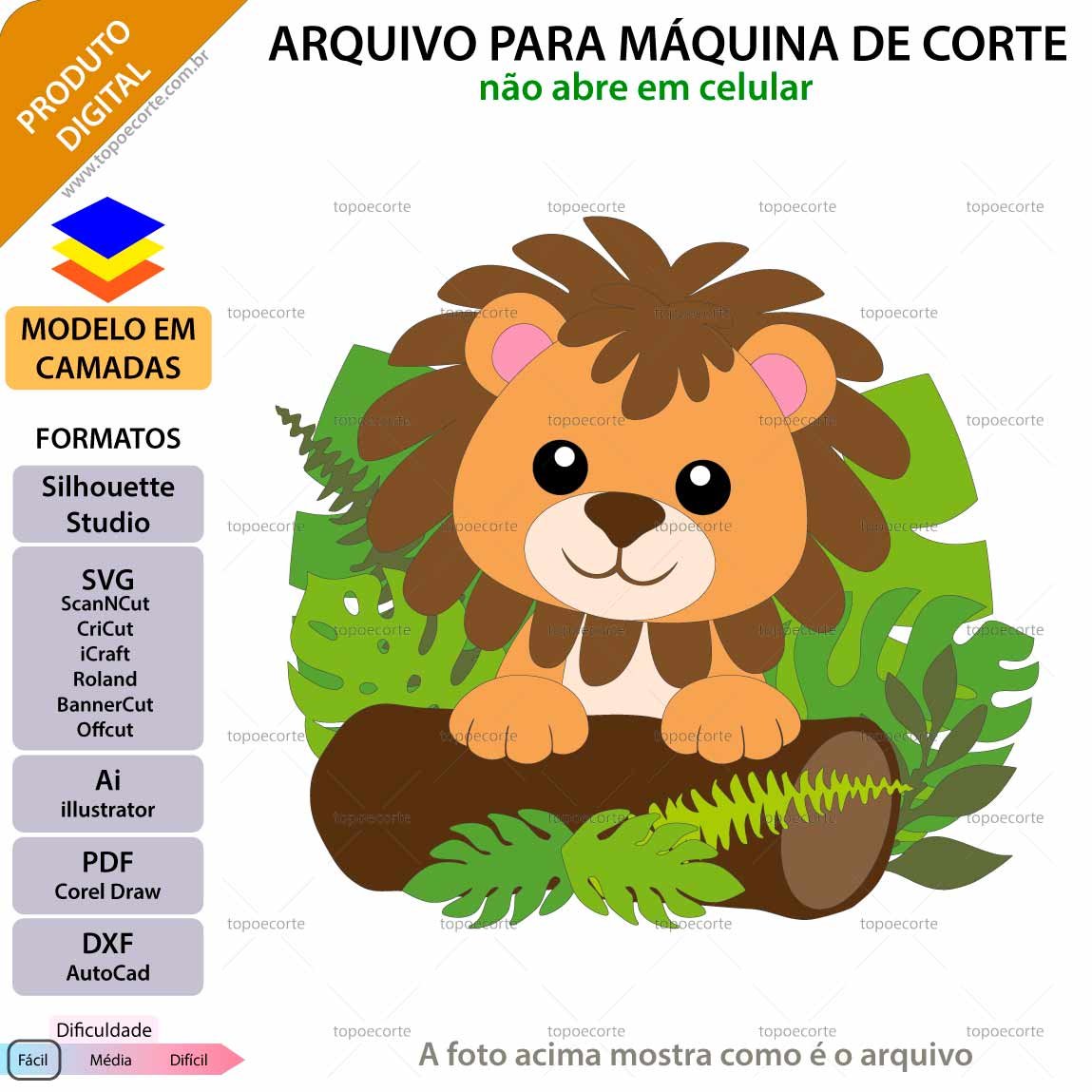 ARQUIVO Silhouette Studio para decoração de topo de bolo Leaozinho no tronco e decoração de festas. Arquivo Scanncut, SVG, EPS, PDF e DXF.