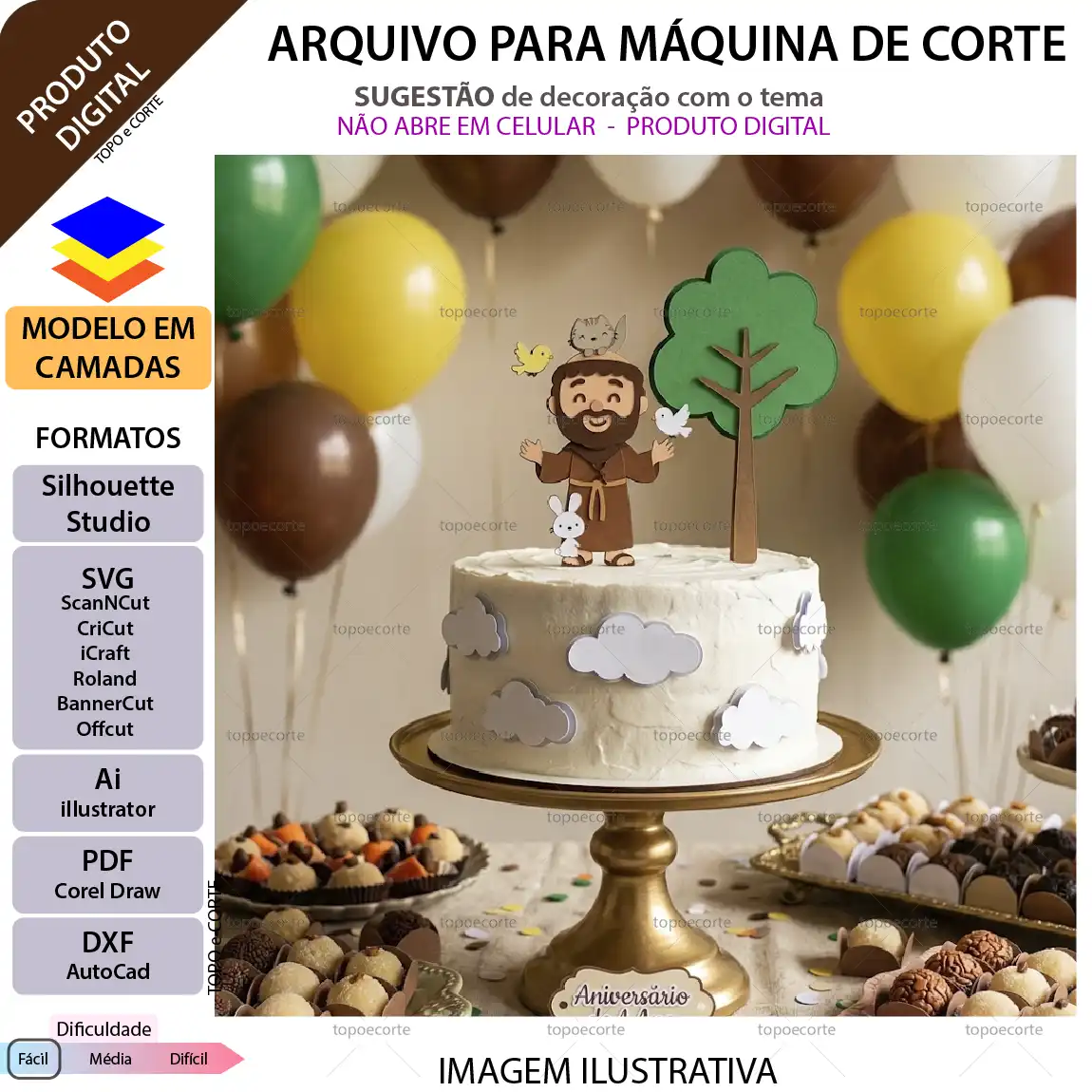Topo de bolo São Francisco de Assis Arquivo Silhouette, Arquivo ScanNCut, Arquivo SVG, DXF, Ai, Eps, PDF