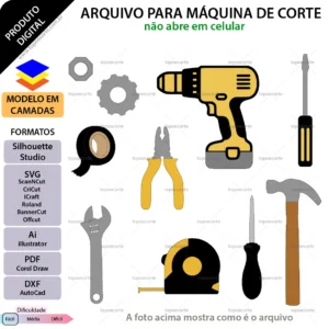 Arquivo de corte topo de bolo tema ferramentas com furadeira, martelo, alicate e trena