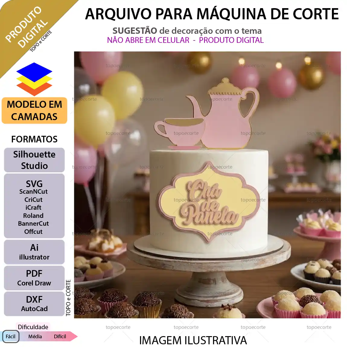 Topo de bolo digital tema Chá de Panela com bule, xícara e panela em camadas de papel