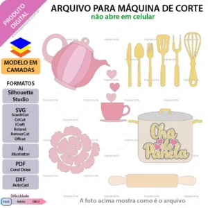 Topo de bolo Chá de Panela digital em camadas com bule, panela, utensílios e flores em papelaria personalizada[cite: 1, 2]