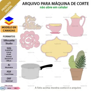 Topo de bolo digital tema Chá de Panela com bule, xícara e panela em camadas de papel