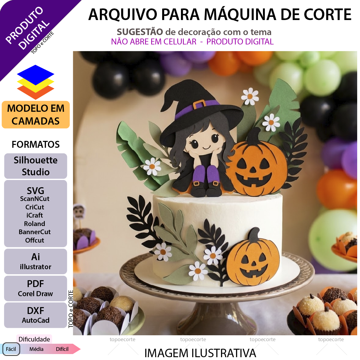 Arquivo digital vetorizado de topo de bolo tema Halloween com bruxinha fofa, abóbora e folhagens para corte em plotter.