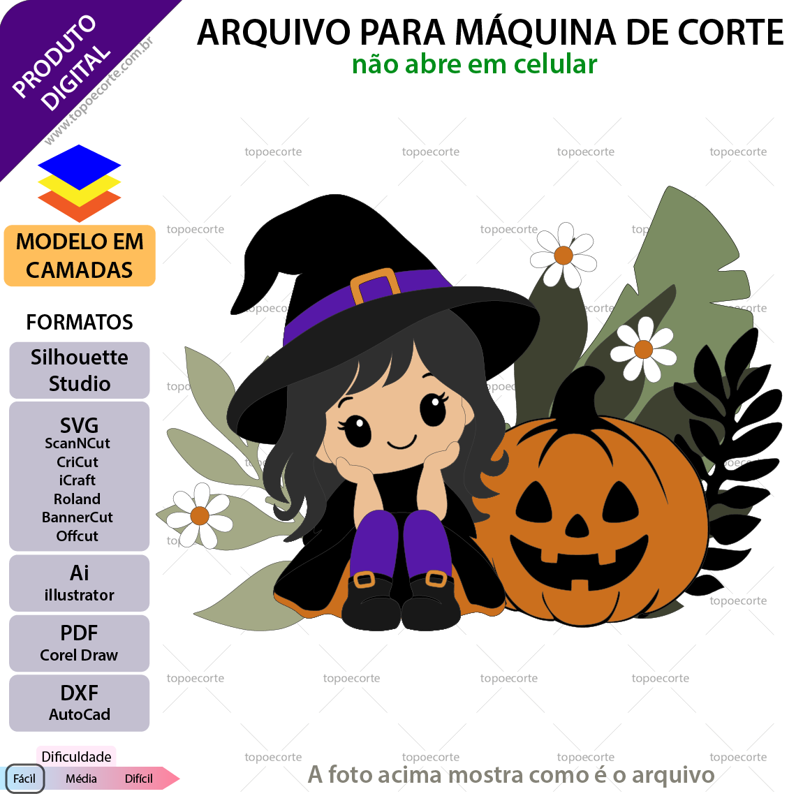 Arquivo digital vetorizado de topo de bolo tema Halloween com bruxinha fofa, abóbora e folhagens para corte em plotter.