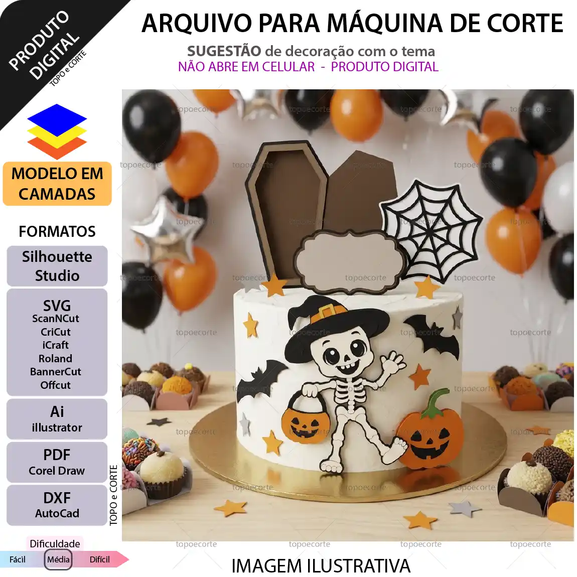 Arquivo de corte topo de bolo Halloween com esqueletinho fofo, caixão 3D, abóbora e teia de aranha