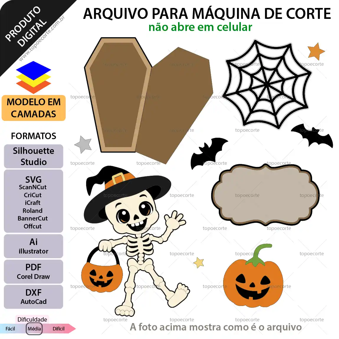 Arquivo de corte topo de bolo Halloween com esqueletinho fofo, caixão 3D, abóbora e teia de aranha