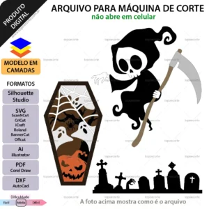 Topo de bolo Halloween digital com Morte, Caixão e Cemitério para Silhouette e Cricut