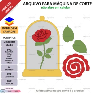 Arquivo de corte topo de bolo rosa na redoma a bela e a fera com cúpula de vidro e molde de flor 3d espiral