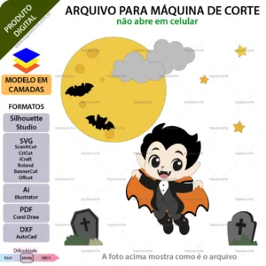 Arquivo de corte topo de bolo Vampirinho Halloween com lua cheia, morcegos e lápides