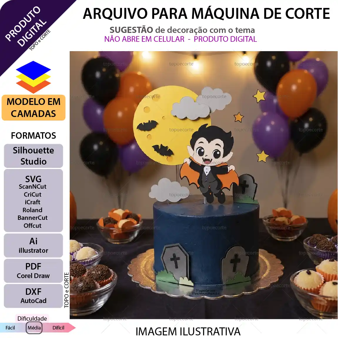 Arquivo de corte topo de bolo Vampirinho Halloween com lua cheia, morcegos e lápides